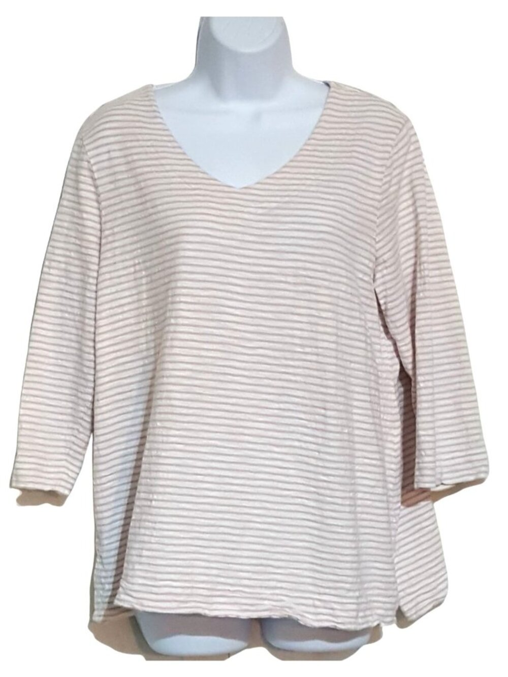 Chicos Womens Blouse 2 Medium Beige Stripe 3/4 Sleeve Knit Pullover Top